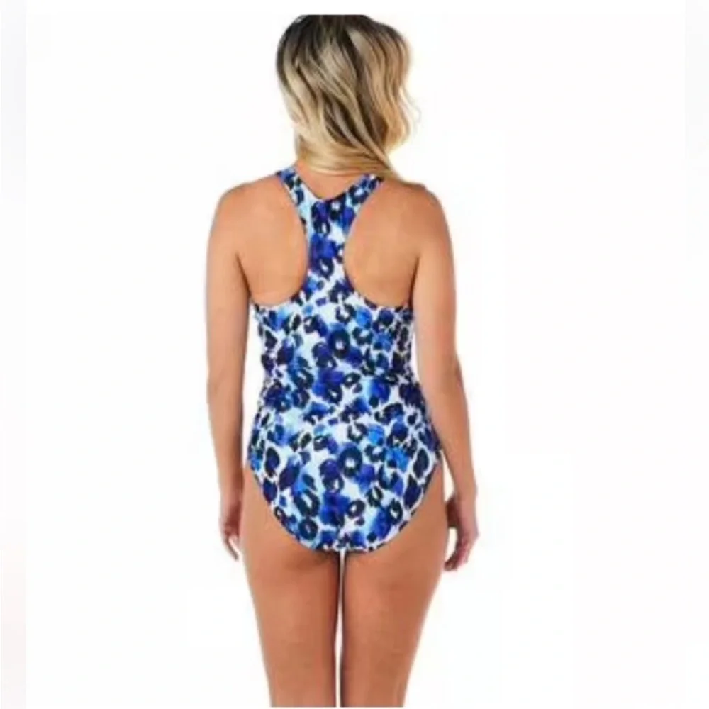 NICOLE MILLER Purple Periwinkle   Floral Racerback One Piece Swimsuit NWOT